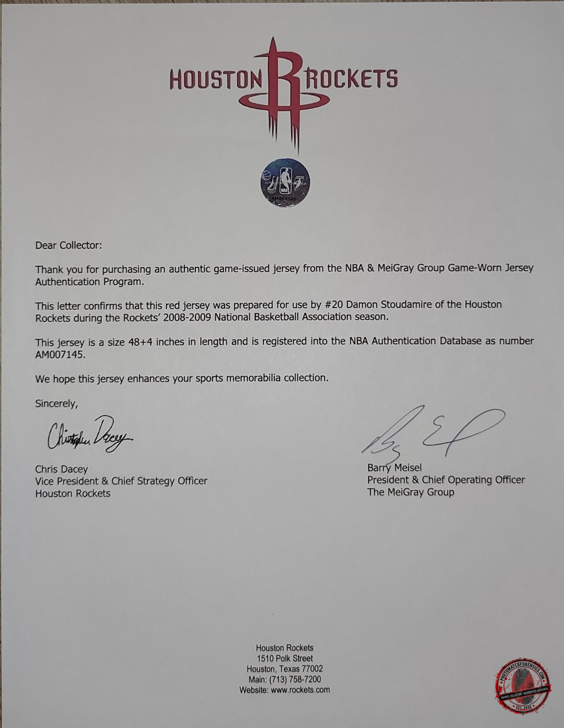 Houston Rockets & MeiGray Game-Issued Authentication – Damon Stoudamire