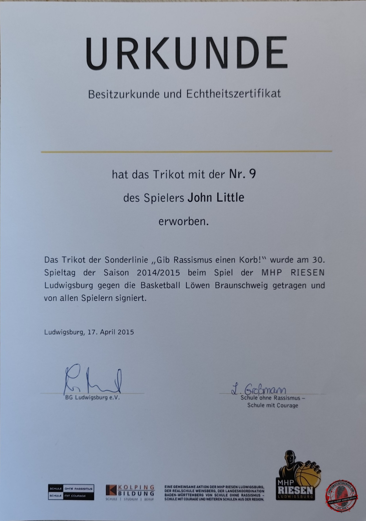 Ownership and Authenticity Certificate – John Little #9 Campaign Jersey